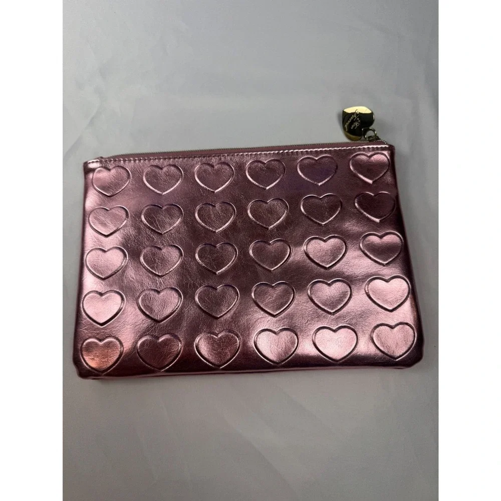 Too Faced Metallic Pink Heart Embossed Makeup Bag Cosmetic Pouch Gold Logo